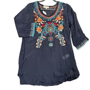 All About Her Womens Boho Tunic Top Floral Embroidered 3 Quarter Sleeve Navy S